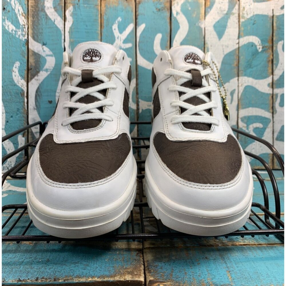 Rare Timberland White/Brown Lace Up Embossed Leather Mens 10.5M Casual Sneakers - Picture 3 of 9
